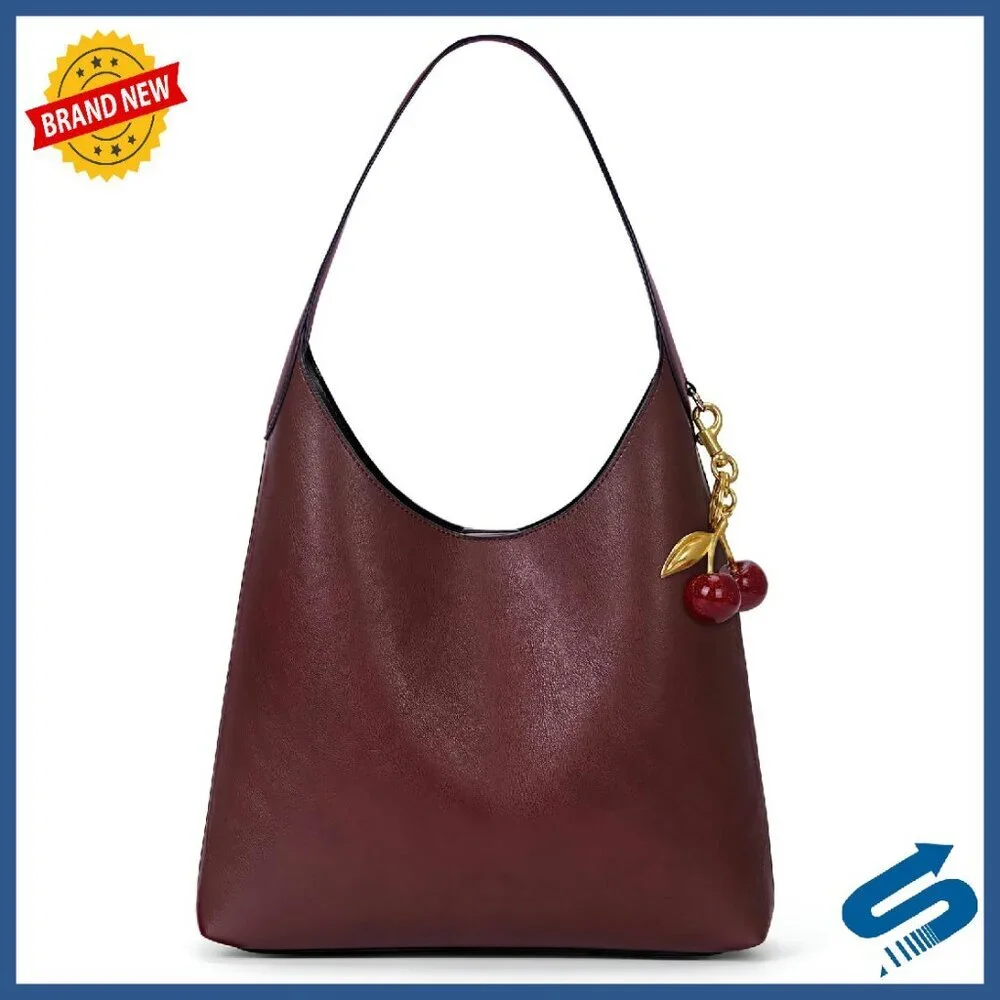 Vegan Leather Hobo Bag with Cherry Charm, Slouchy Tote Shoulder Purse - Picture 1 of 8